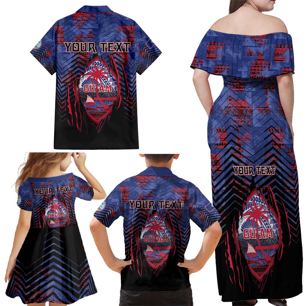 Personalised Guam Family Matching Off Shoulder Maxi Dress and Hawaiian Shirt Chamorro Seal Tribal Scratch Design DT05 - Polynesian Pride