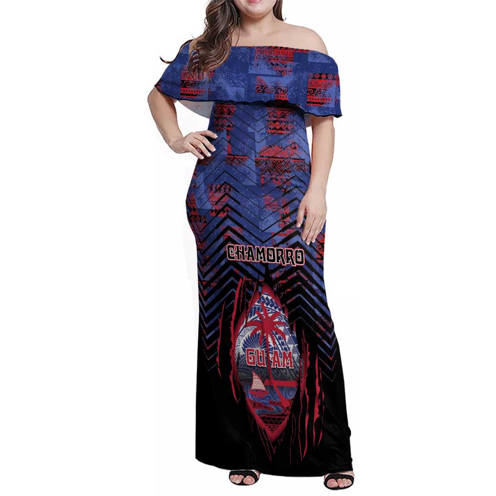 Personalised Guam Family Matching Off Shoulder Maxi Dress and Hawaiian Shirt Chamorro Seal Tribal Scratch Design DT05 Mom's Dress Navy - Polynesian Pride