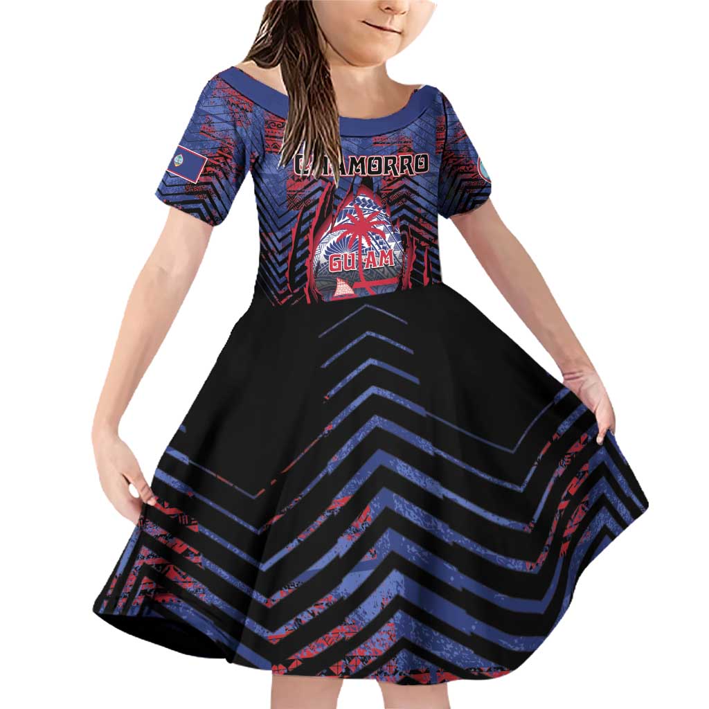 Personalised Guam Family Matching Off Shoulder Short Dress and Hawaiian Shirt Chamorro Seal Tribal Scratch Design DT05 Daughter's Dress Navy - Polynesian Pride