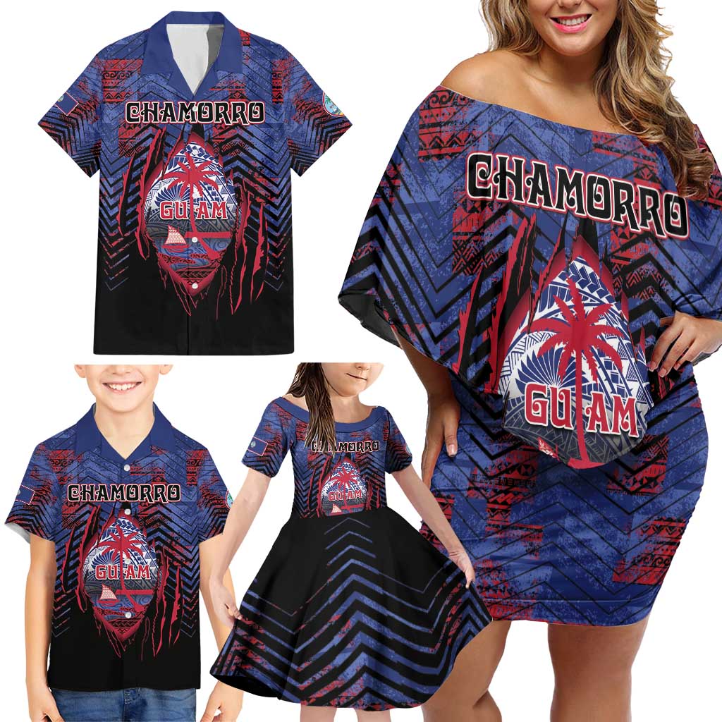 Personalised Guam Family Matching Off Shoulder Short Dress and Hawaiian Shirt Chamorro Seal Tribal Scratch Design DT05 - Polynesian Pride