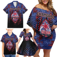 Personalised Guam Family Matching Off Shoulder Short Dress and Hawaiian Shirt Chamorro Seal Tribal Scratch Design DT05 - Polynesian Pride
