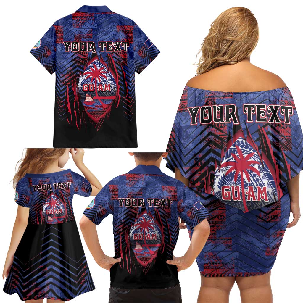 Personalised Guam Family Matching Off Shoulder Short Dress and Hawaiian Shirt Chamorro Seal Tribal Scratch Design DT05 - Polynesian Pride