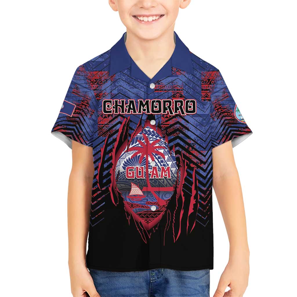 Personalised Guam Family Matching Off Shoulder Short Dress and Hawaiian Shirt Chamorro Seal Tribal Scratch Design DT05 Son's Shirt Navy - Polynesian Pride