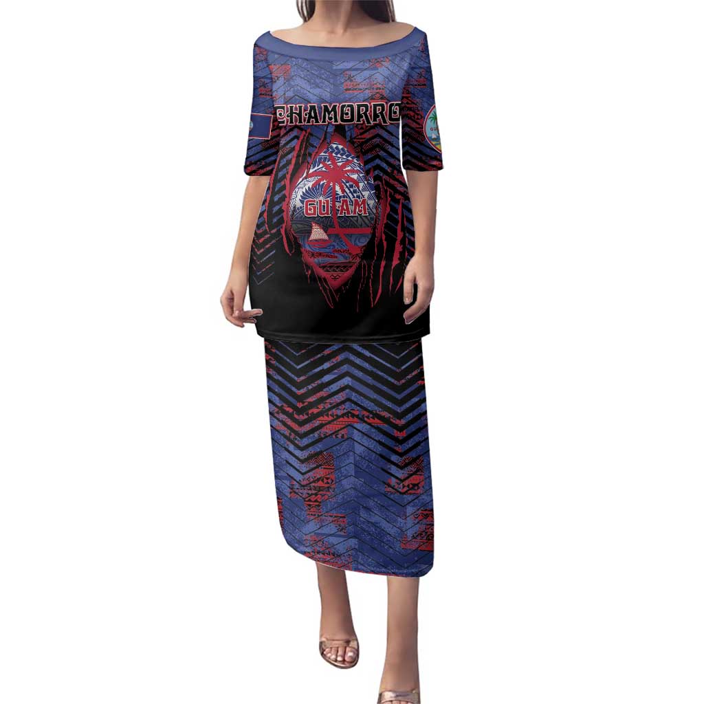 Personalised Guam Family Matching Puletasi and Hawaiian Shirt Chamorro Seal Tribal Scratch Design DT05 Mom's Dress Navy - Polynesian Pride