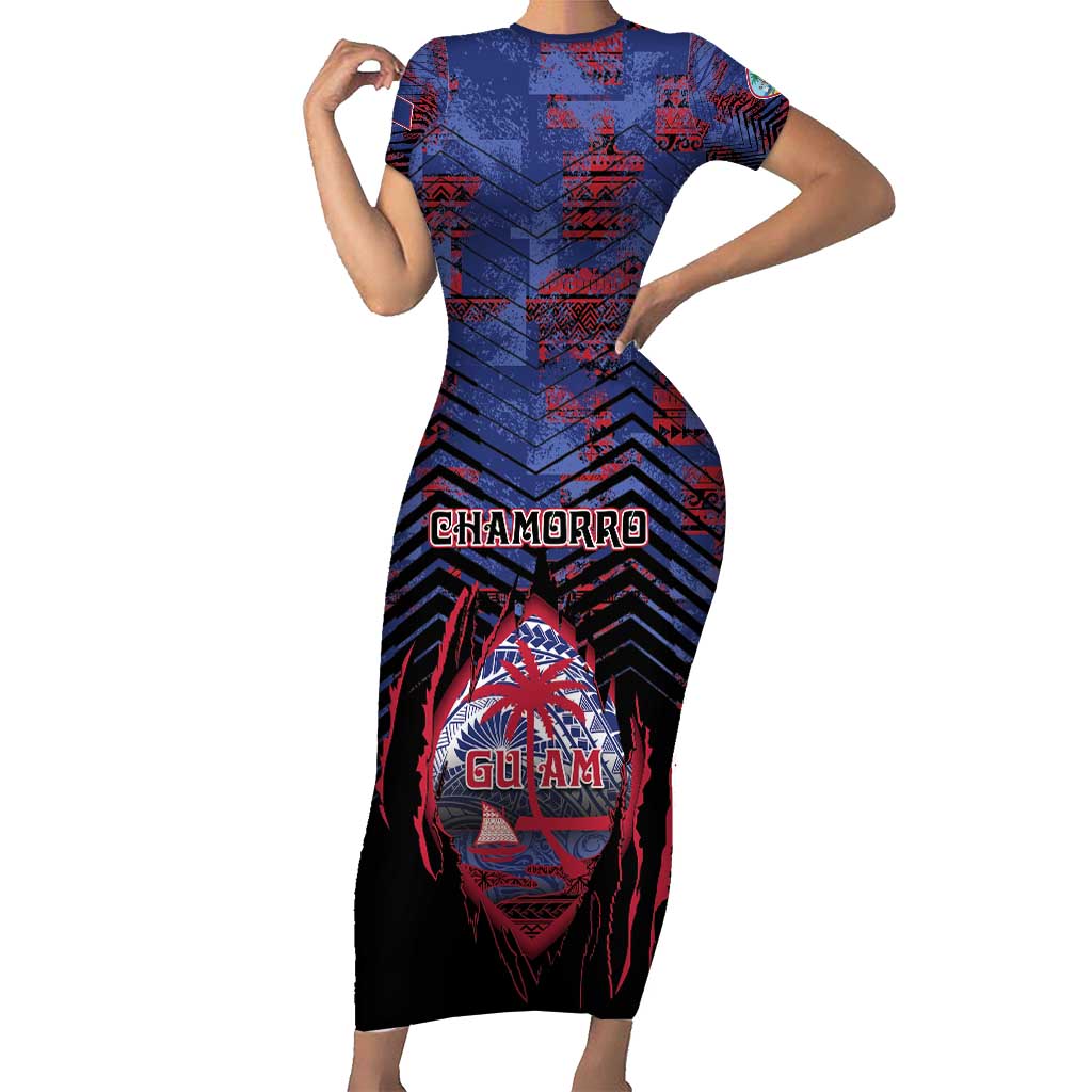Personalised Guam Family Matching Short Sleeve Bodycon Dress and Hawaiian Shirt Chamorro Seal Tribal Scratch Design DT05 Mom's Dress Navy - Polynesian Pride