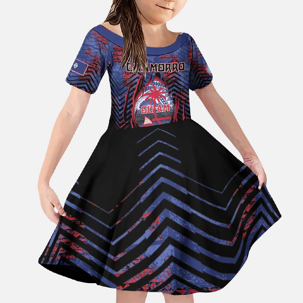 Personalised Guam Family Matching Summer Maxi Dress and Hawaiian Shirt Chamorro Seal Tribal Scratch Design DT05 Daughter's Dress Navy - Polynesian Pride