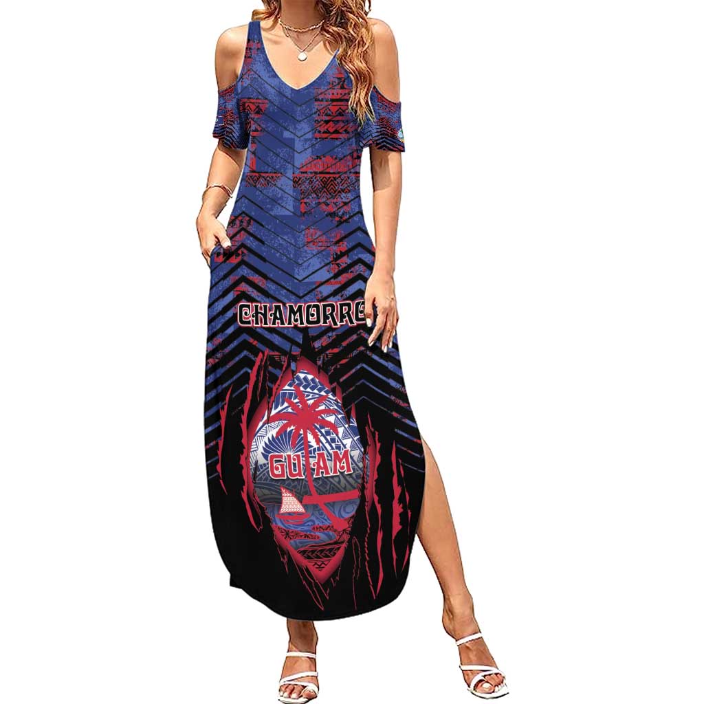 Personalised Guam Family Matching Summer Maxi Dress and Hawaiian Shirt Chamorro Seal Tribal Scratch Design DT05 Mom's Dress Navy - Polynesian Pride