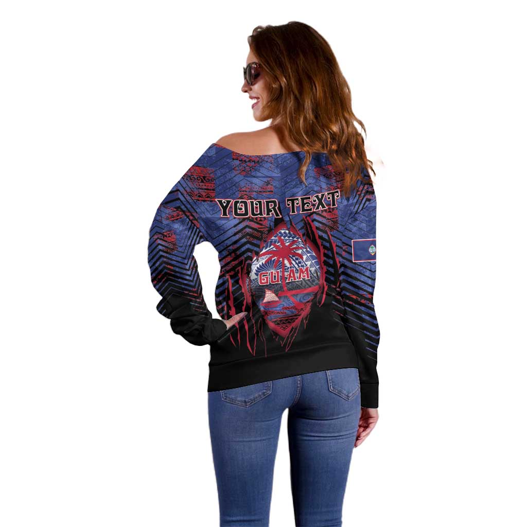 Personalised Guam Off Shoulder Sweater Chamorro Seal Tribal Scratch Design - Polynesian Pride