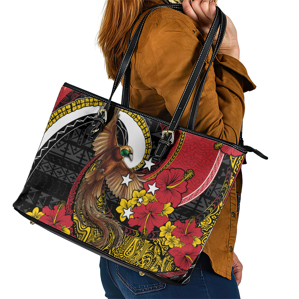 Papua New Guinea Language Week Leather Tote Bag Bird Of Paradise Tribal Floral Pattern DT05 - Polynesian Pride