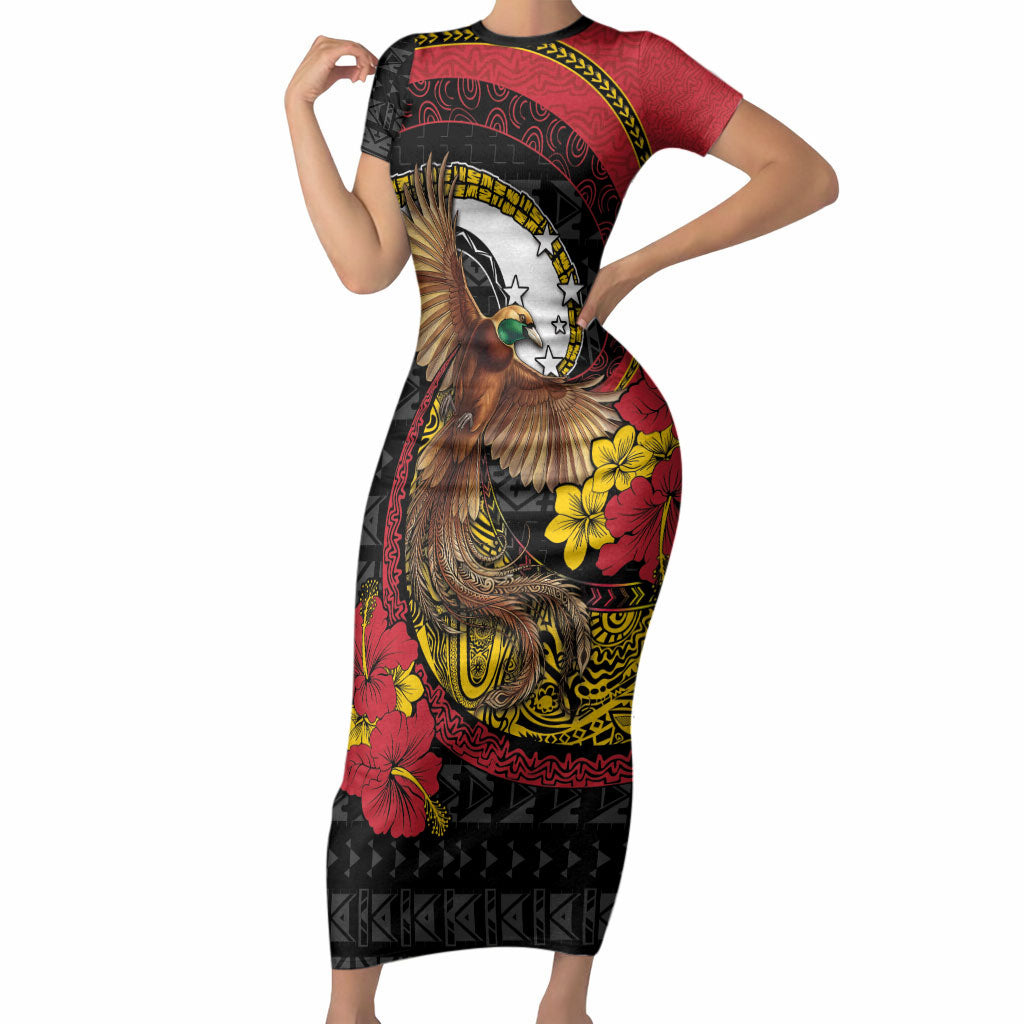 Personalised Papua New Guinea Language Week Short Sleeve Bodycon Dress Bird Of Paradise Tribal Floral Pattern