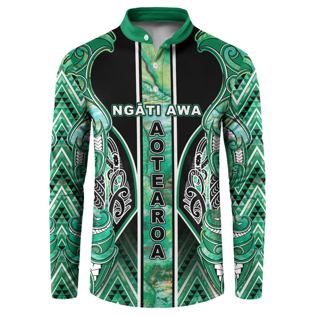Aotearoa Ngati Awa Button Sweatshirt Maori Tribal Green Marble Paua Shell Pattern