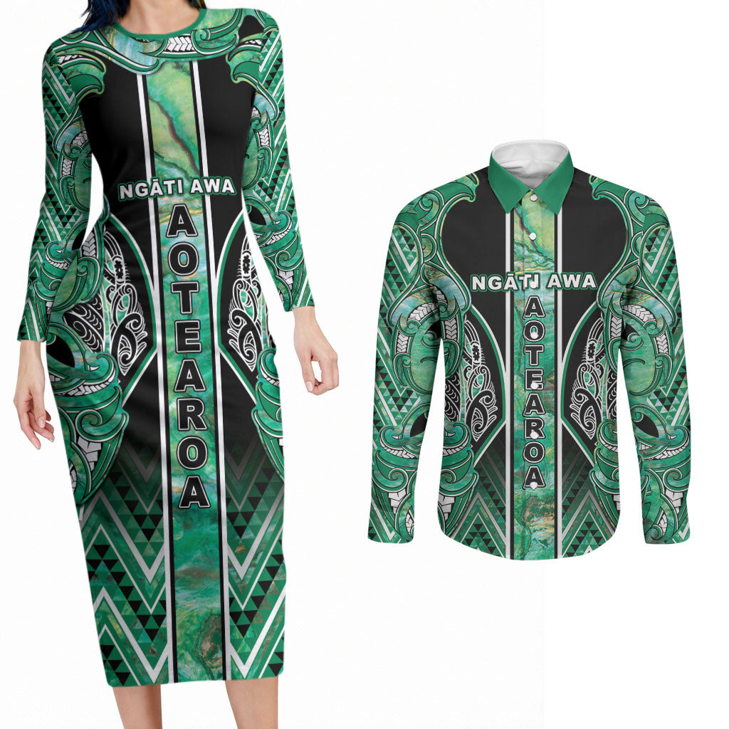 Aotearoa Ngati Awa Couples Matching Long Sleeve Bodycon Dress and Long Sleeve Button Shirt Maori Tribal Green Marble Paua Shell Pattern