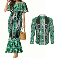 Aotearoa Ngati Awa Couples Matching Mermaid Dress and Long Sleeve Button Shirt Maori Tribal Green Marble Paua Shell Pattern DT05 Green - Polynesian Pride