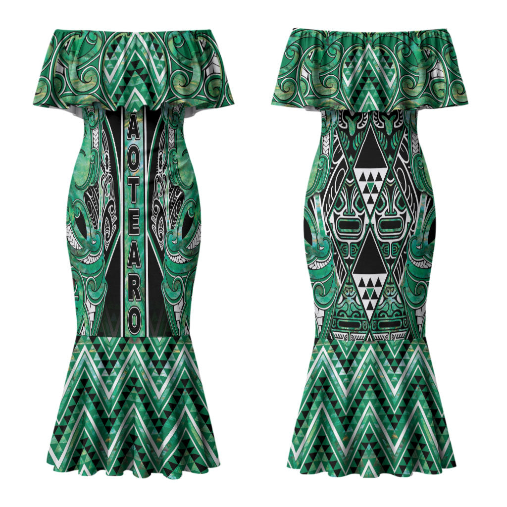 Aotearoa Ngati Awa Couples Matching Mermaid Dress and Long Sleeve Button Shirt Maori Tribal Green Marble Paua Shell Pattern DT05 - Polynesian Pride
