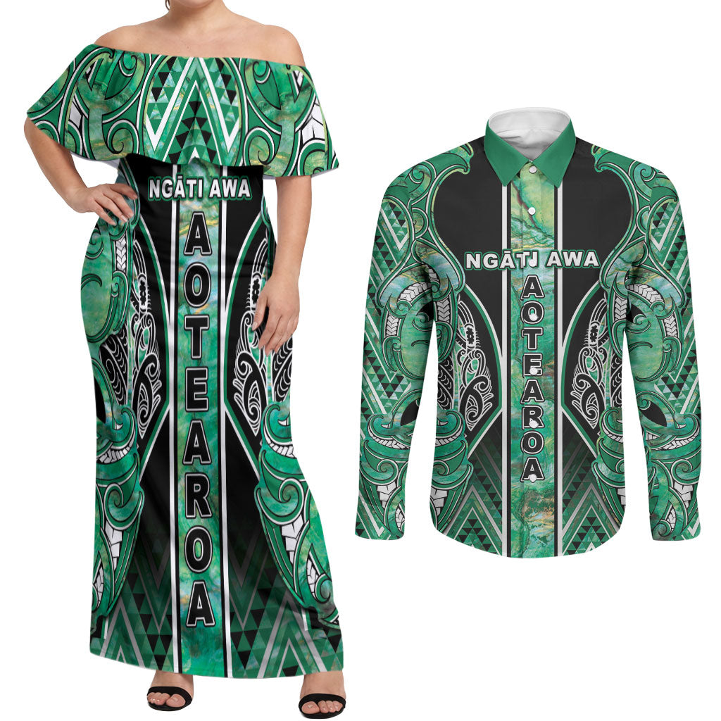 Aotearoa Ngati Awa Couples Matching Off Shoulder Maxi Dress and Long Sleeve Button Shirt Maori Tribal Green Marble Paua Shell Pattern