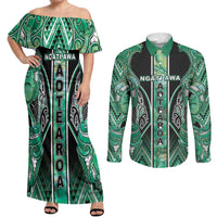 Aotearoa Ngati Awa Couples Matching Off Shoulder Maxi Dress and Long Sleeve Button Shirt Maori Tribal Green Marble Paua Shell Pattern DT05 Green - Polynesian Pride