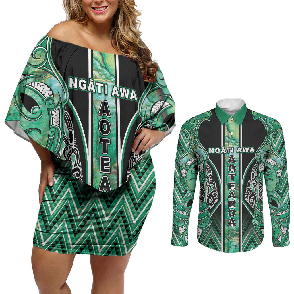 Aotearoa Ngati Awa Couples Matching Off Shoulder Short Dress and Long Sleeve Button Shirt Maori Tribal Green Marble Paua Shell Pattern