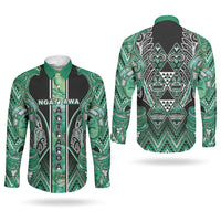 Aotearoa Ngati Awa Couples Matching Off The Shoulder Long Sleeve Dress and Long Sleeve Button Shirt Maori Tribal Green Marble Paua Shell Pattern DT05 - Polynesian Pride