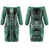 Aotearoa Ngati Awa Couples Matching Off The Shoulder Long Sleeve Dress and Long Sleeve Button Shirt Maori Tribal Green Marble Paua Shell Pattern DT05 - Polynesian Pride