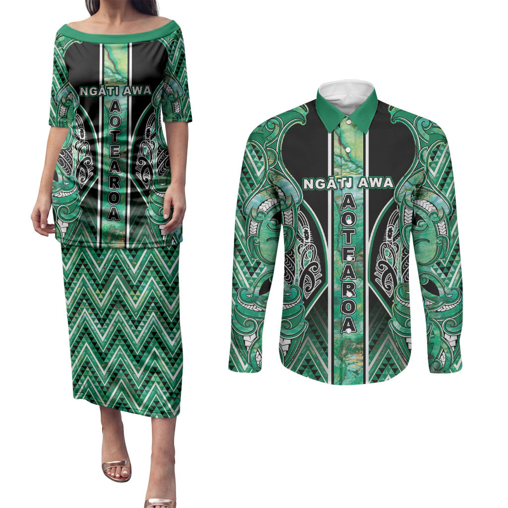 Aotearoa Ngati Awa Couples Matching Puletasi and Long Sleeve Button Shirt Maori Tribal Green Marble Paua Shell Pattern