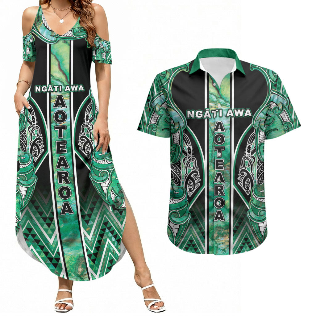 Aotearoa Ngati Awa Couples Matching Summer Maxi Dress and Hawaiian Shirt Maori Tribal Green Marble Paua Shell Pattern