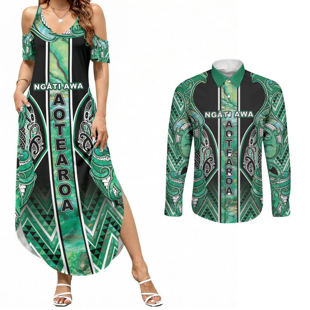 Aotearoa Ngati Awa Couples Matching Summer Maxi Dress and Long Sleeve Button Shirt Maori Tribal Green Marble Paua Shell Pattern