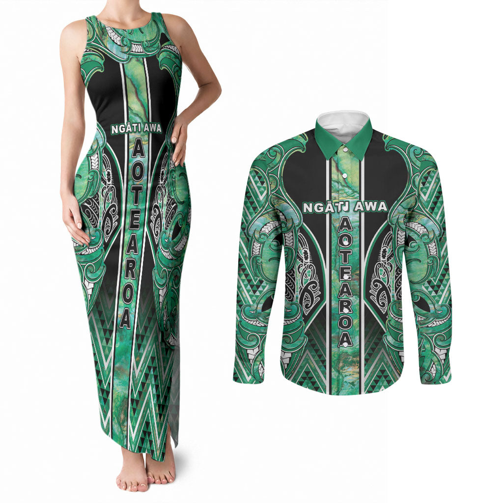 Aotearoa Ngati Awa Couples Matching Tank Maxi Dress and Long Sleeve Button Shirt Maori Tribal Green Marble Paua Shell Pattern