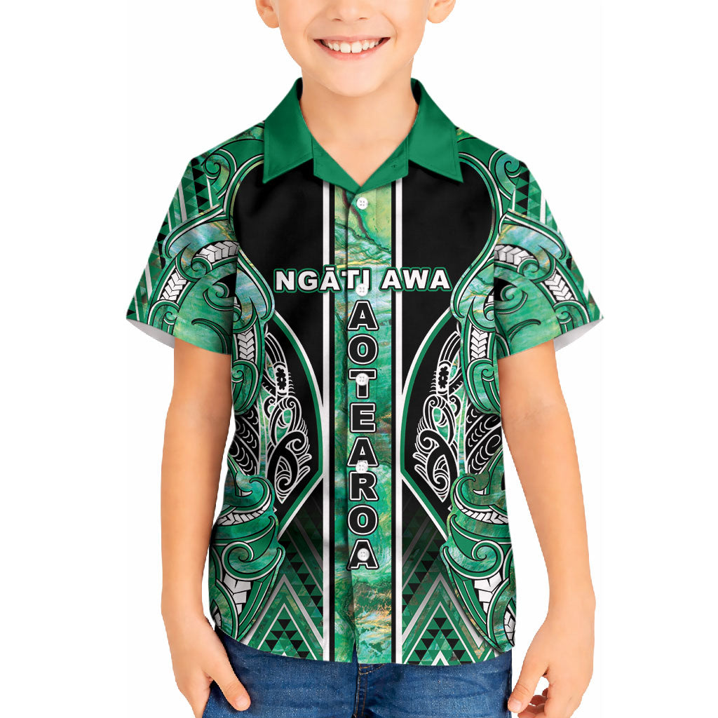 Aotearoa Ngati Awa Kid Hawaiian Shirt Maori Tribal Green Marble Paua Shell Pattern