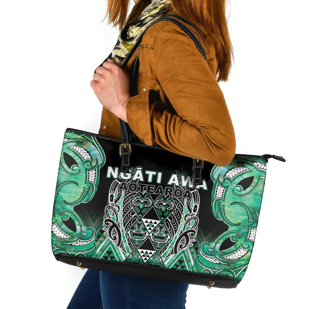 Aotearoa Ngati Awa Leather Tote Bag Maori Tribal Green Marble Paua Shell Pattern