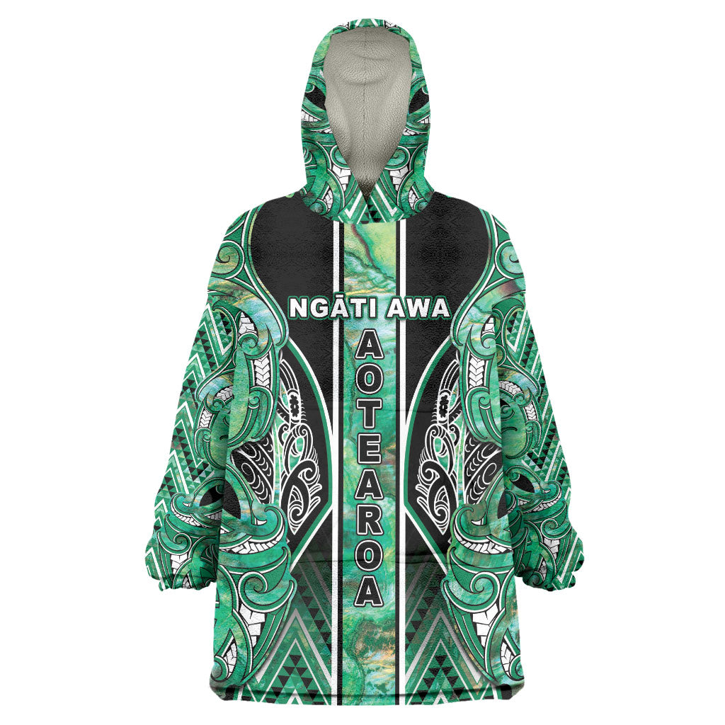 Aotearoa Ngati Awa Wearable Blanket Hoodie Maori Tribal Green Marble Paua Shell Pattern