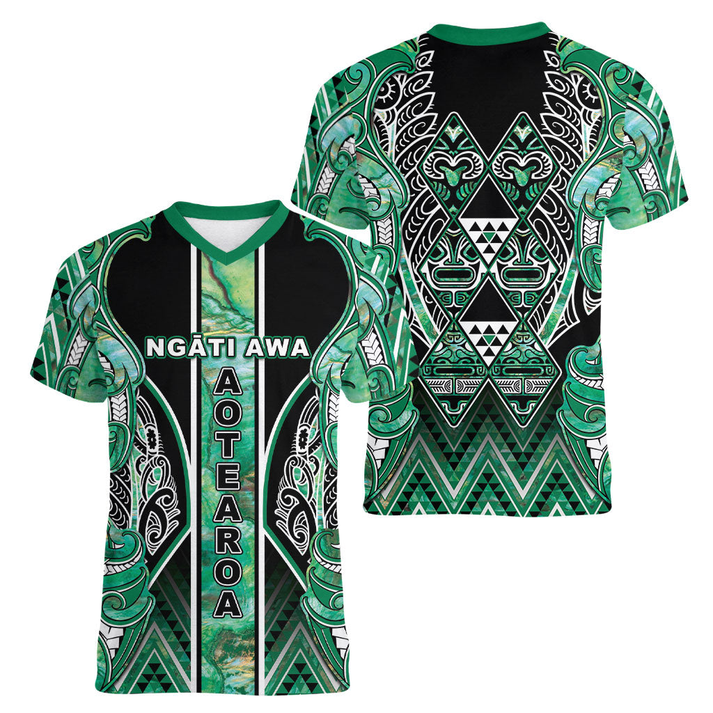 Aotearoa Ngati Awa Women V-Neck T-Shirt Maori Tribal Green Marble Paua Shell Pattern DT05 - Polynesian Pride