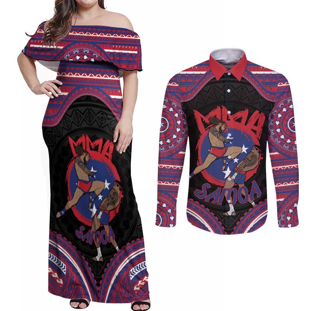 Personalised Samoa Mixed Martial Arts Couples Matching Off Shoulder Maxi Dress and Long Sleeve Button Shirt Flying Knee Of Samoan DT05 Black - Polynesian Pride