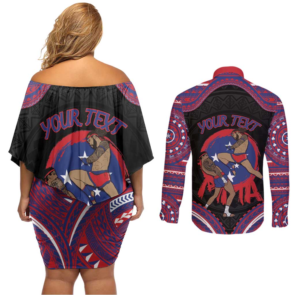 Personalised Samoa Mixed Martial Arts Couples Matching Off Shoulder Short Dress and Long Sleeve Button Shirt Flying Knee Of Samoan DT05 - Polynesian Pride