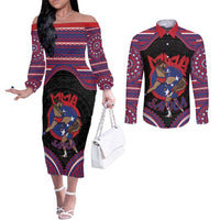 Personalised Samoa Mixed Martial Arts Couples Matching Off The Shoulder Long Sleeve Dress and Long Sleeve Button Shirt Flying Knee Of Samoan DT05 Black - Polynesian Pride