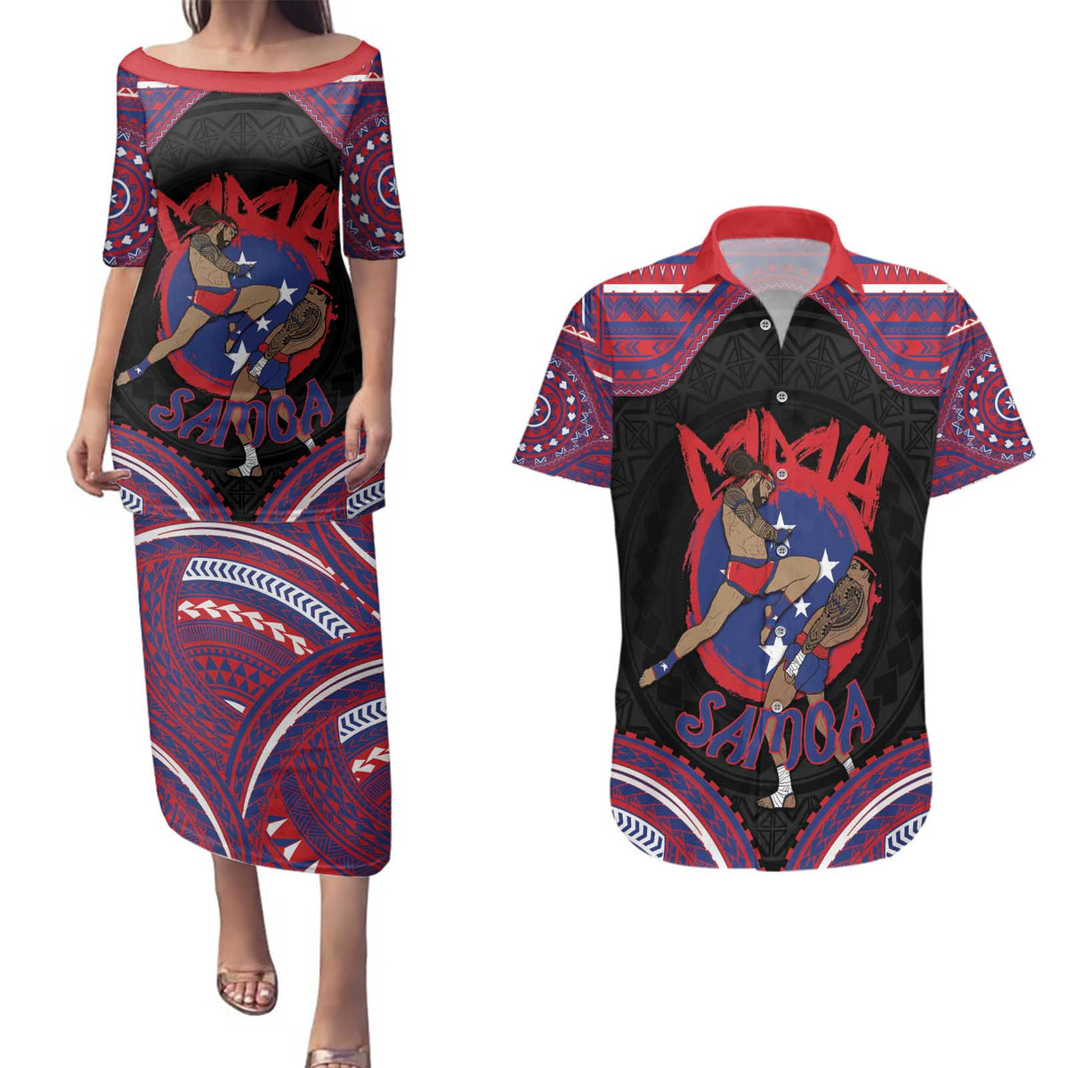 Personalised Samoa Mixed Martial Arts Couples Matching Puletasi and Hawaiian Shirt Flying Knee Of Samoan - Polynesian Pride