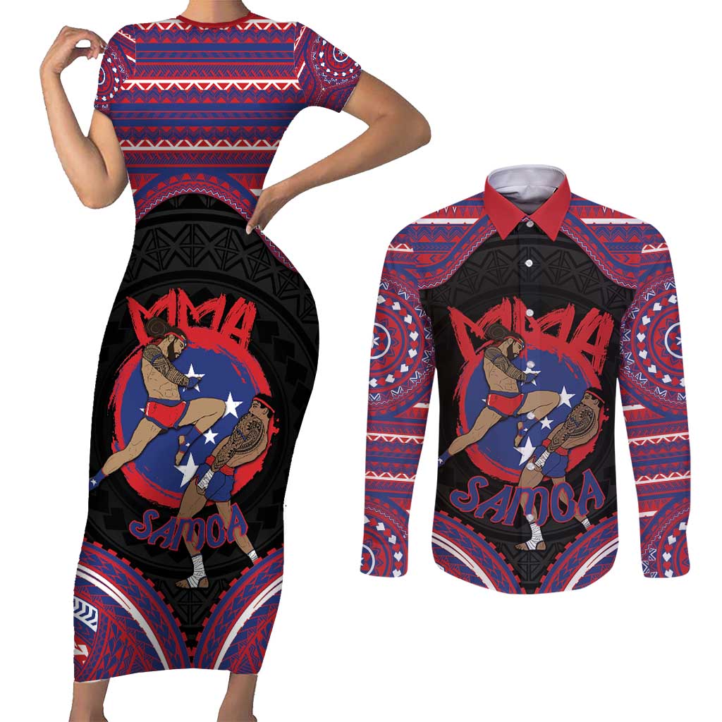 Personalised Samoa Mixed Martial Arts Couples Matching Short Sleeve Bodycon Dress and Long Sleeve Button Shirt Flying Knee Of Samoan DT05 Black - Polynesian Pride