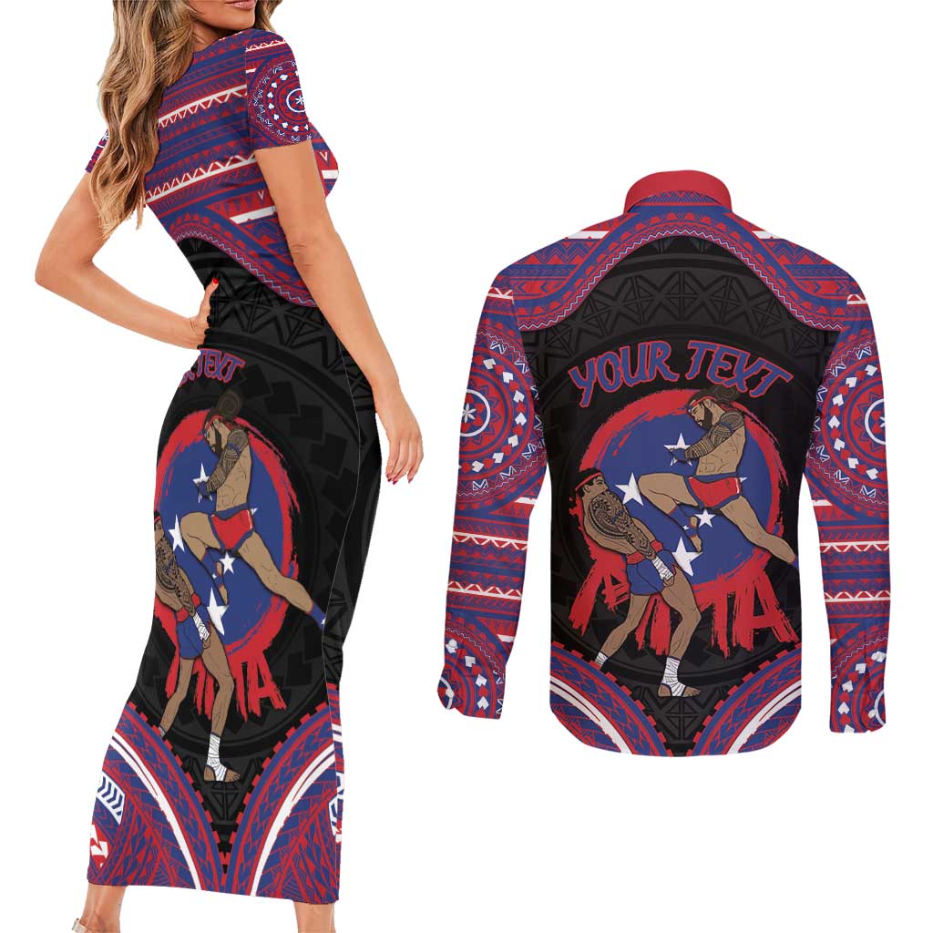 Personalised Samoa Mixed Martial Arts Couples Matching Short Sleeve Bodycon Dress and Long Sleeve Button Shirt Flying Knee Of Samoan DT05 - Polynesian Pride