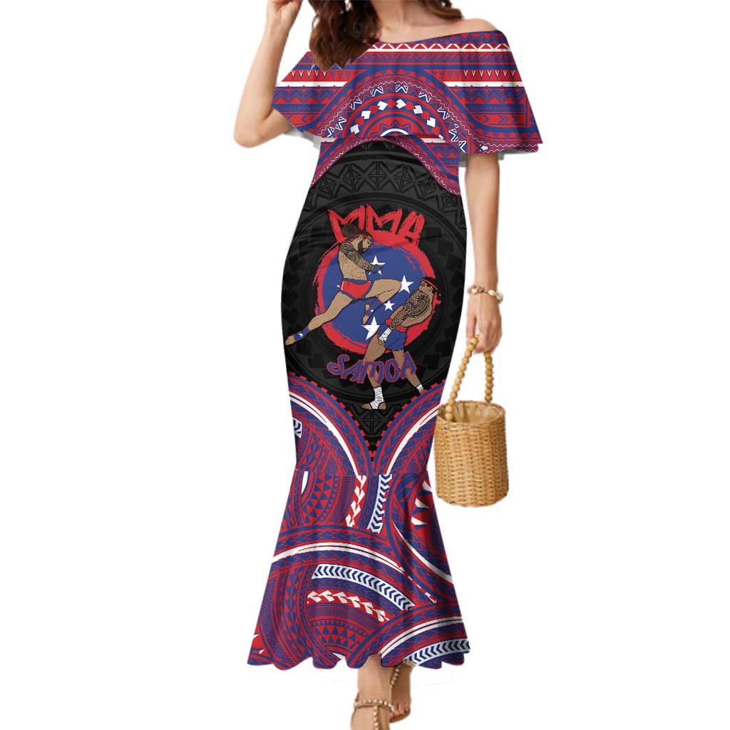 Personalised Samoa Mixed Martial Arts Family Matching Mermaid Dress and Hawaiian Shirt Flying Knee Of Samoan DT05 Mom's Dress Black - Polynesian Pride
