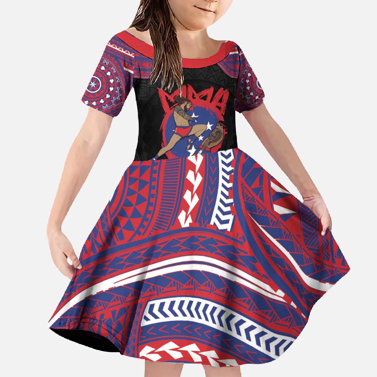 Personalised Samoa Mixed Martial Arts Family Matching Off The Shoulder Long Sleeve Dress and Hawaiian Shirt Flying Knee Of Samoan DT05 Daughter's Dress Black - Polynesian Pride