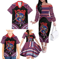 Personalised Samoa Mixed Martial Arts Family Matching Off The Shoulder Long Sleeve Dress and Hawaiian Shirt Flying Knee Of Samoan DT05 - Polynesian Pride