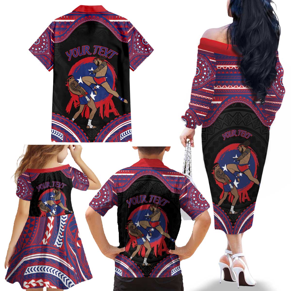 Personalised Samoa Mixed Martial Arts Family Matching Off The Shoulder Long Sleeve Dress and Hawaiian Shirt Flying Knee Of Samoan DT05 - Polynesian Pride