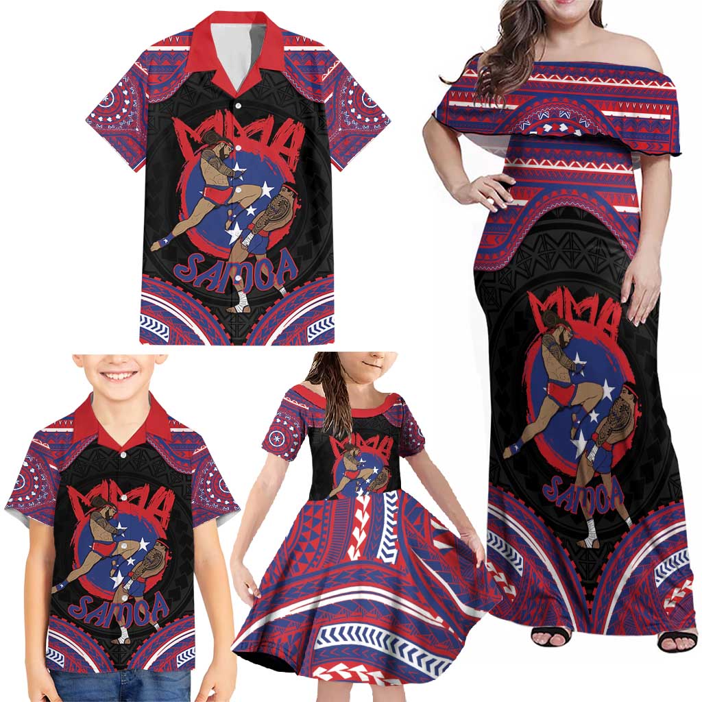 Personalised Samoa Mixed Martial Arts Family Matching Off Shoulder Maxi Dress and Hawaiian Shirt Flying Knee Of Samoan DT05 - Polynesian Pride