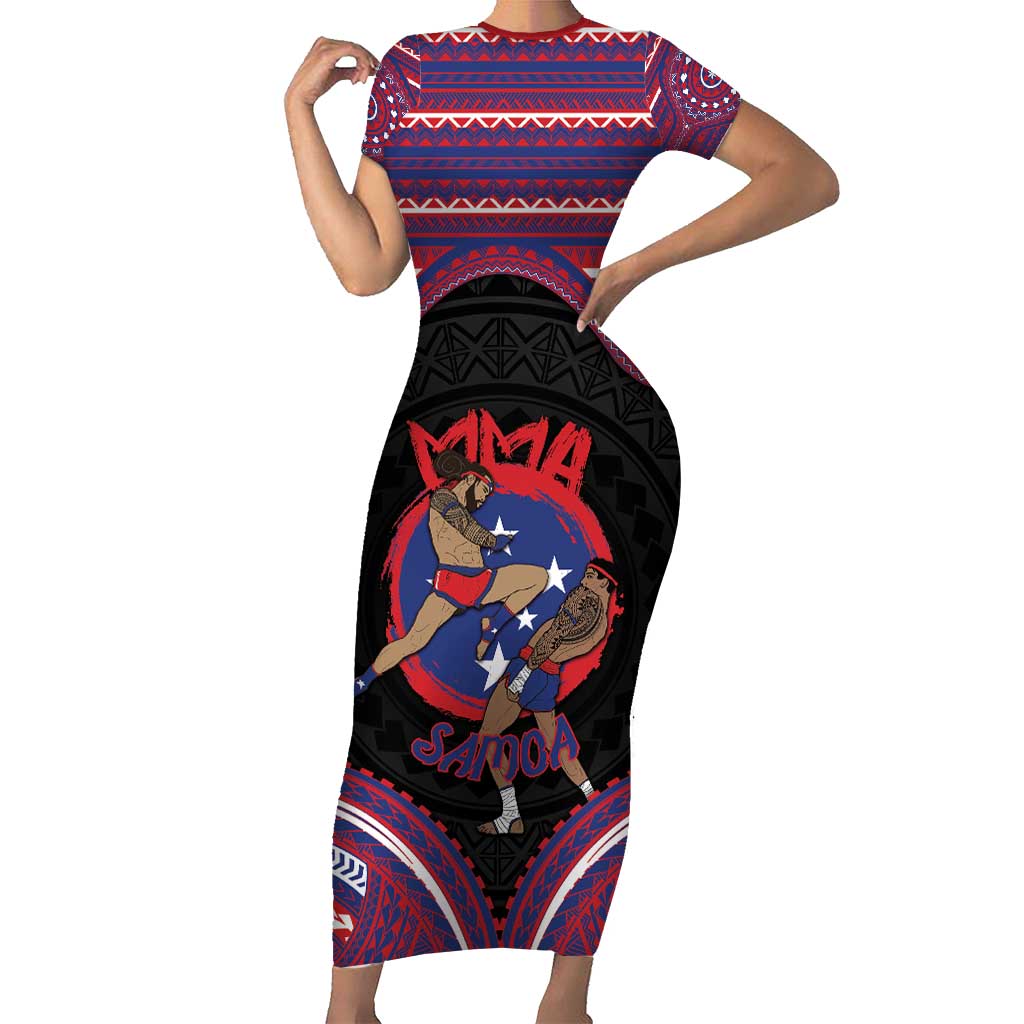 Personalised Samoa Mixed Martial Arts Family Matching Short Sleeve Bodycon Dress and Hawaiian Shirt Flying Knee Of Samoan DT05 Mom's Dress Black - Polynesian Pride