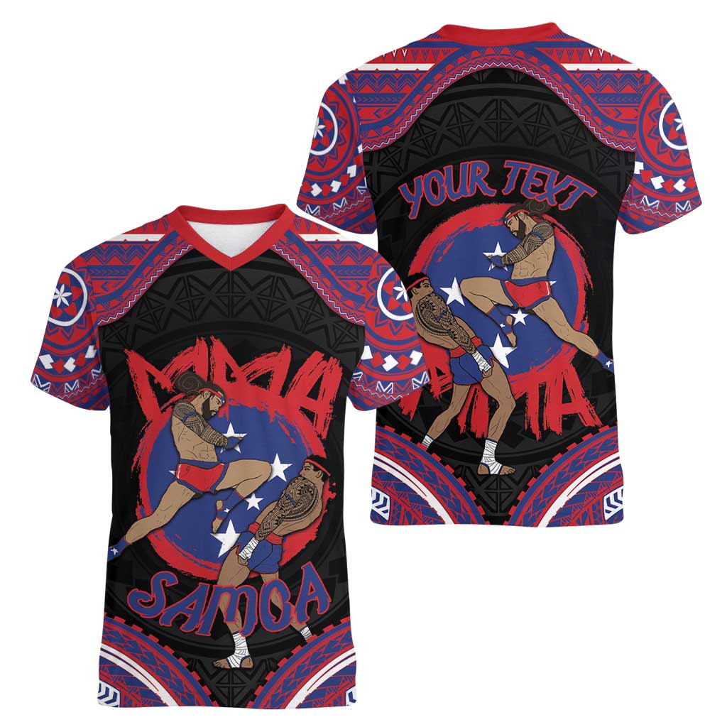 Personalised Samoa Mixed Martial Arts Women V-Neck T-Shirt Flying Knee Of Samoan - Polynesian Pride