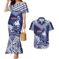 Personalised Samoa Rugby Couples Matching Mermaid Dress and Hawaiian Shirt Pacific Warrior Glory DT05 Navy - Polynesian Pride