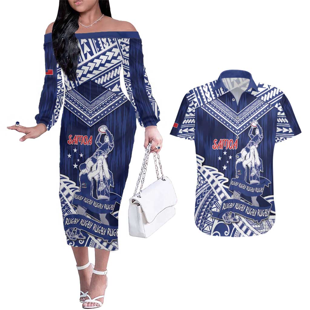 Personalised Samoa Rugby Couples Matching Off The Shoulder Long Sleeve Dress and Hawaiian Shirt Pacific Warrior Glory DT05 Navy - Polynesian Pride