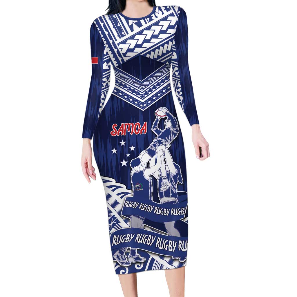 Personalised Samoa Rugby Family Matching Long Sleeve Bodycon Dress and Hawaiian Shirt Pacific Warrior Glory - Polynesian Pride