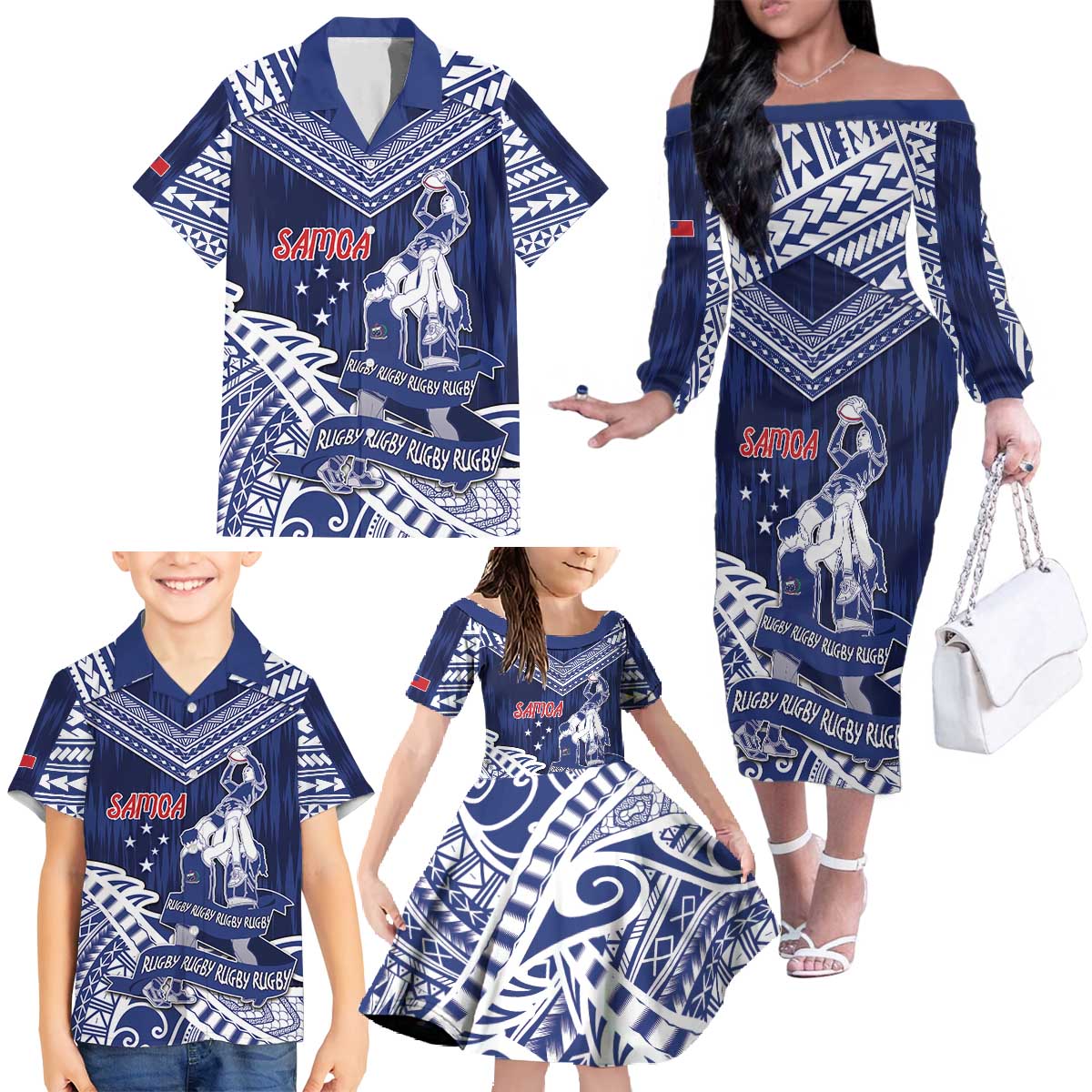 Personalised Samoa Rugby Family Matching Off The Shoulder Long Sleeve Dress and Hawaiian Shirt Pacific Warrior Glory DT05 - Polynesian Pride