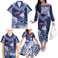 Personalised Samoa Rugby Family Matching Off The Shoulder Long Sleeve Dress and Hawaiian Shirt Pacific Warrior Glory DT05 - Polynesian Pride