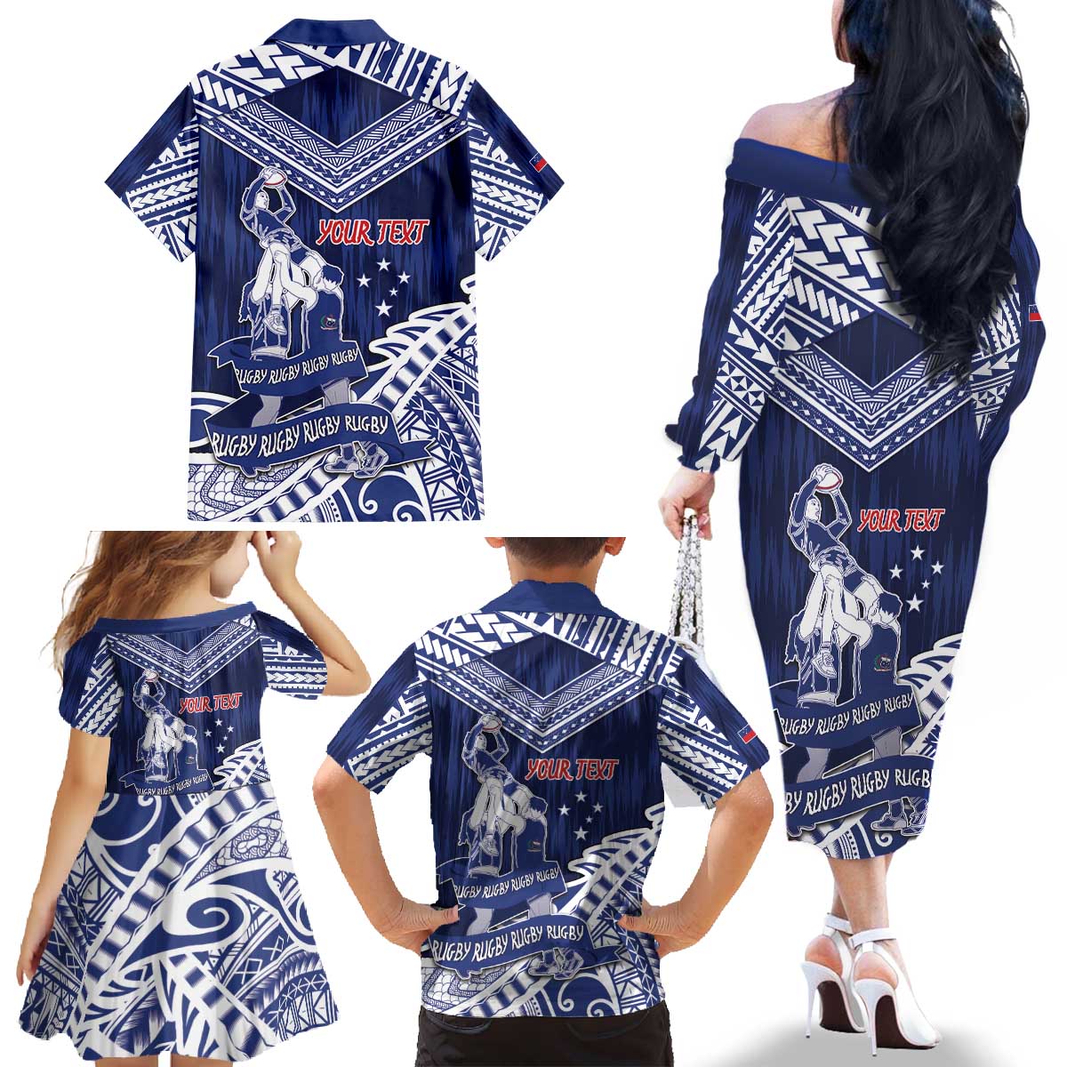 Personalised Samoa Rugby Family Matching Off The Shoulder Long Sleeve Dress and Hawaiian Shirt Pacific Warrior Glory DT05 - Polynesian Pride